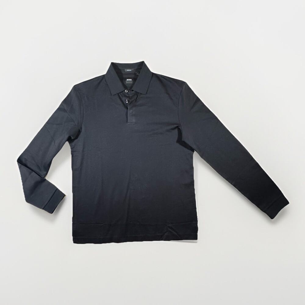 BOSS men’s Black Mercerised Long Sleeve Polo Shirt Size M NWT